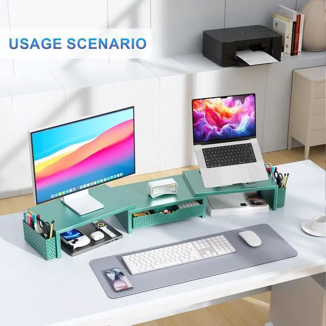 Alt view image 6 of 7 - Dual Monitor Stand Riser, Desk Organizer With Drawer and 2 Pen Holders, Monitor Stand for Desk, Office Decor Essentials (Green)