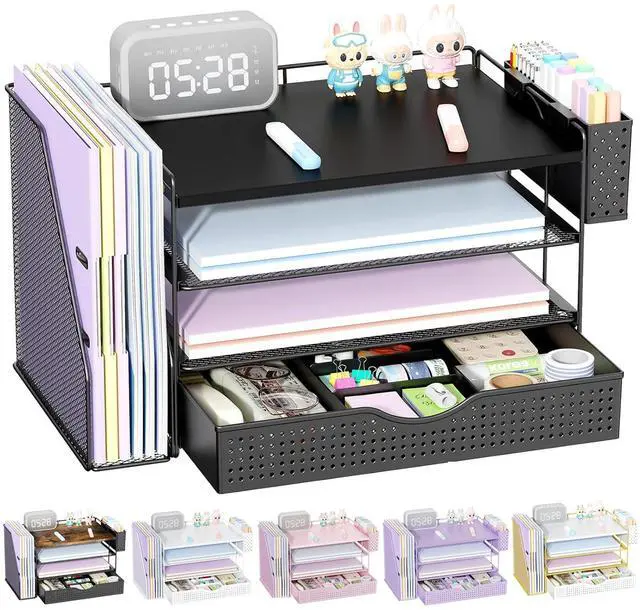 Main image of Wood Desk Organizers and Accessories with File Holder, 4-Tier Desk Accessories & Workspace Organizers with Drawer and Pen Holder, Desk Reference Organizer (Black, 4T with Drawer)