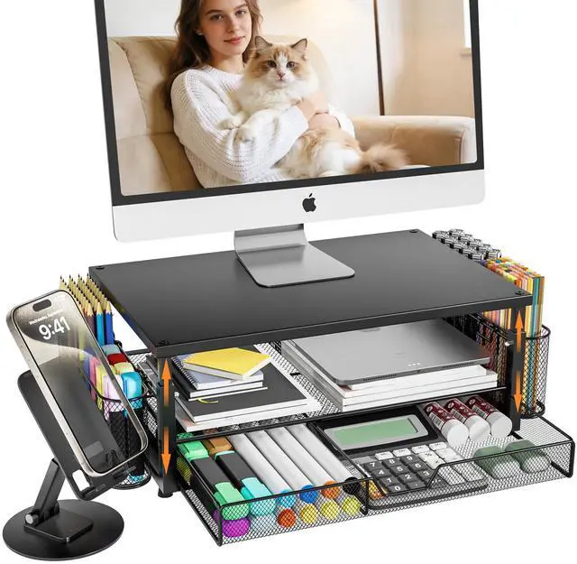 Main image of Desk Organizer and Accessories with Cellphone Holder, Height Adjustable 2-Tier Computer Monitor Stand Riser with Drawer and 2 Pen Holders,Office Desk Accessories for Office Supplies, Black