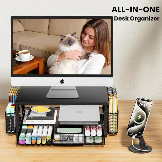 Alt view image 2 of 7 - Desk Organizer and Accessories with Cellphone Holder, Height Adjustable 2-Tier Computer Monitor Stand Riser with Drawer and 2 Pen Holders,Office Desk Accessories for Office Supplies, Black