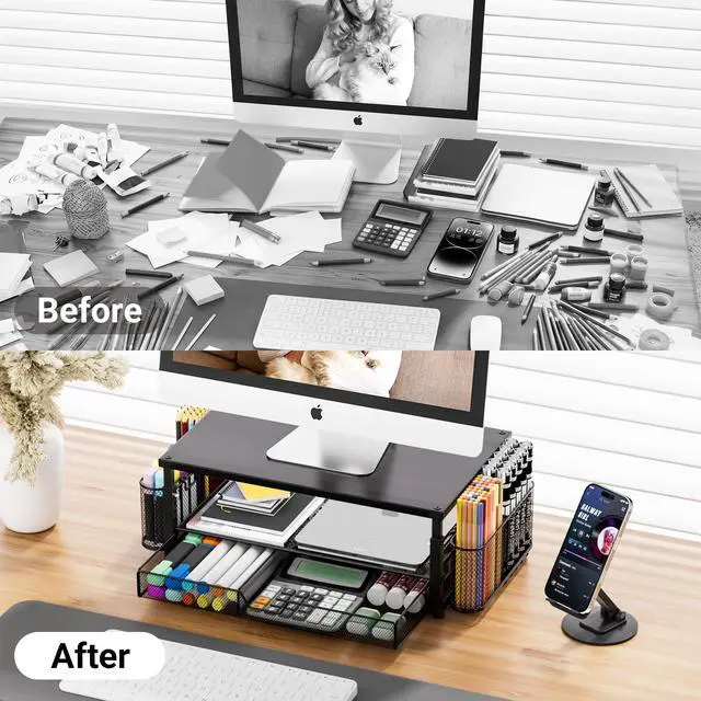 Alt view image 3 of 7 - Desk Organizer and Accessories with Cellphone Holder, Height Adjustable 2-Tier Computer Monitor Stand Riser with Drawer and 2 Pen Holders,Office Desk Accessories for Office Supplies, Black