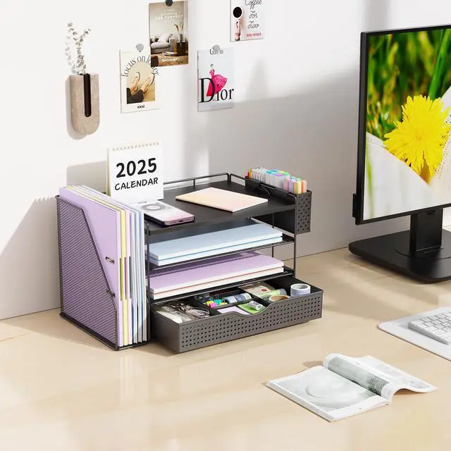 Alt view image 3 of 7 - Wood Desk Organizers and Accessories with File Holder, 4-Tier Desk Accessories & Workspace Organizers with Drawer and Pen Holder, Desk Reference Organizer (Black, 4T with Drawer)