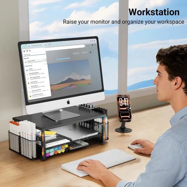 Alt view image 4 of 7 - Desk Organizer and Accessories with Cellphone Holder, Height Adjustable 2-Tier Computer Monitor Stand Riser with Drawer and 2 Pen Holders,Office Desk Accessories for Office Supplies, Black