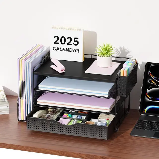 Alt view image 5 of 7 - Wood Desk Organizers and Accessories with File Holder, 4-Tier Desk Accessories & Workspace Organizers with Drawer and Pen Holder, Desk Reference Organizer (Black, 4T with Drawer)
