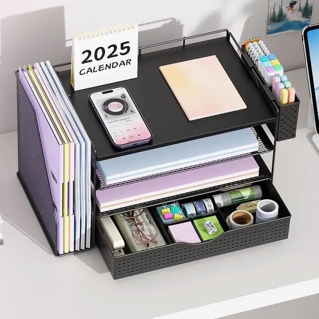 Alt view image 6 of 7 - Wood Desk Organizers and Accessories with File Holder, 4-Tier Desk Accessories & Workspace Organizers with Drawer and Pen Holder, Desk Reference Organizer (Black, 4T with Drawer)