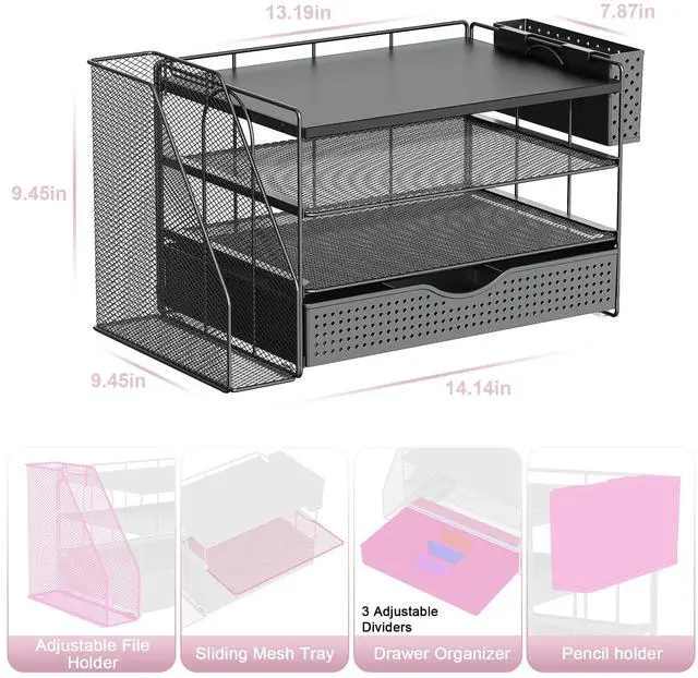 Alt view image 4 of 7 - Wood Desk Organizers and Accessories with File Holder, 4-Tier Desk Accessories & Workspace Organizers with Drawer and Pen Holder, Desk Reference Organizer (Black, 4T with Drawer)