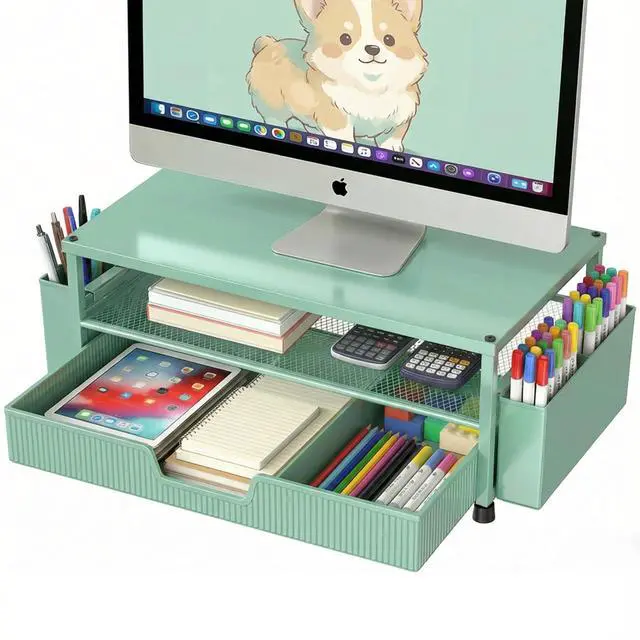 Main image of Desk Organizer and Accessories, 2-Tier Computer Monitor Stand Rise with Storage Drawer & 2 Pen Holders, Laptop & Printer Stand for Desktop, Workspace Organizers for Office Supplies (Green)