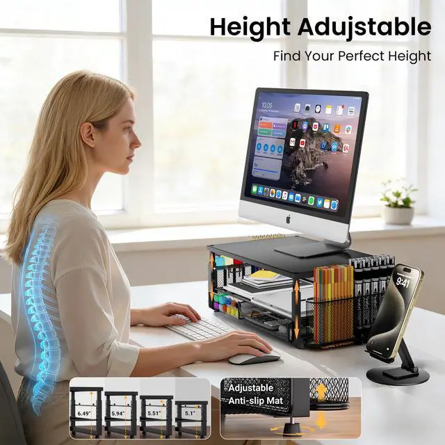 Alt view image 5 of 7 - Desk Organizer and Accessories with Cellphone Holder, Height Adjustable 2-Tier Computer Monitor Stand Riser with Drawer and 2 Pen Holders,Office Desk Accessories for Office Supplies, Black