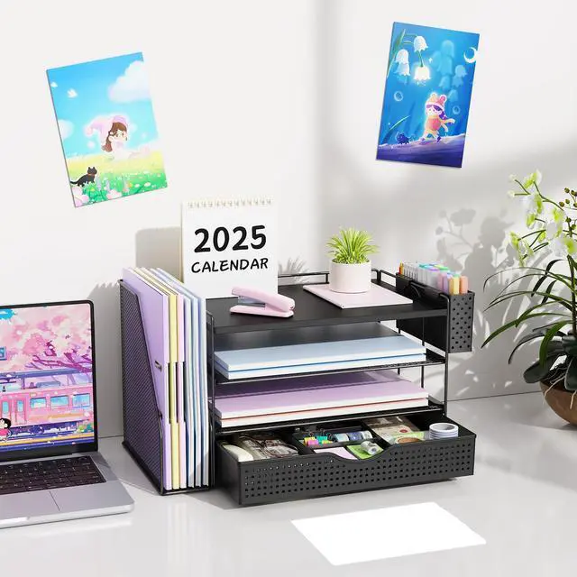 Alt view image 7 of 7 - Wood Desk Organizers and Accessories with File Holder, 4-Tier Desk Accessories & Workspace Organizers with Drawer and Pen Holder, Desk Reference Organizer (Black, 4T with Drawer)