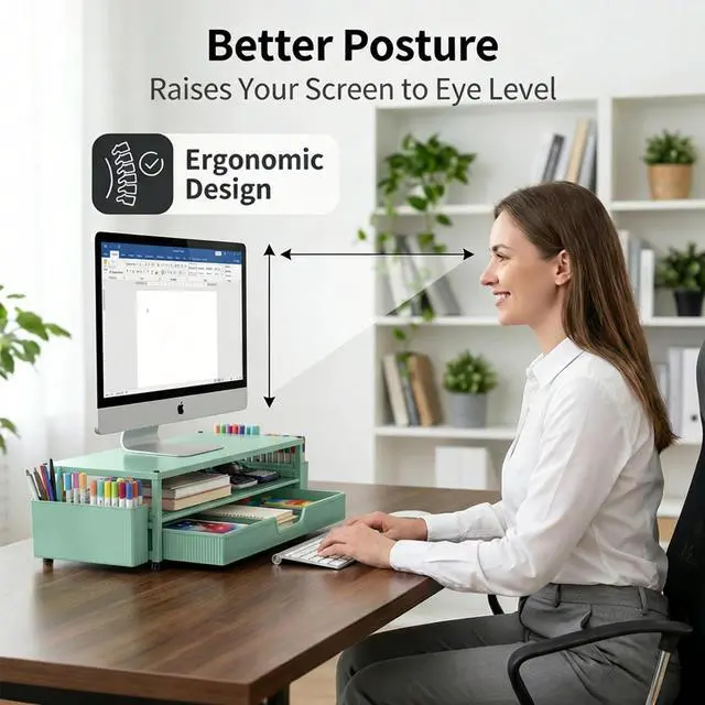 Alt view image 4 of 7 - Desk Organizer and Accessories, 2-Tier Computer Monitor Stand Rise with Storage Drawer & 2 Pen Holders, Laptop & Printer Stand for Desktop, Workspace Organizers for Office Supplies (Green)