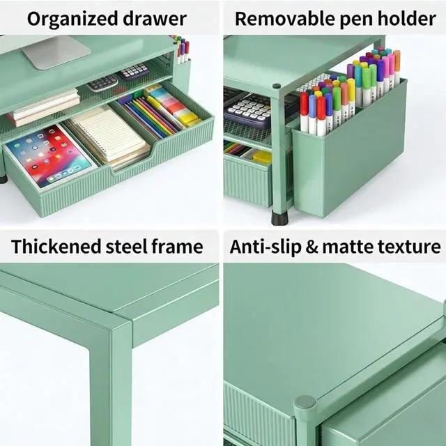 Alt view image 3 of 7 - Desk Organizer and Accessories, 2-Tier Computer Monitor Stand Rise with Storage Drawer & 2 Pen Holders, Laptop & Printer Stand for Desktop, Workspace Organizers for Office Supplies (Green)