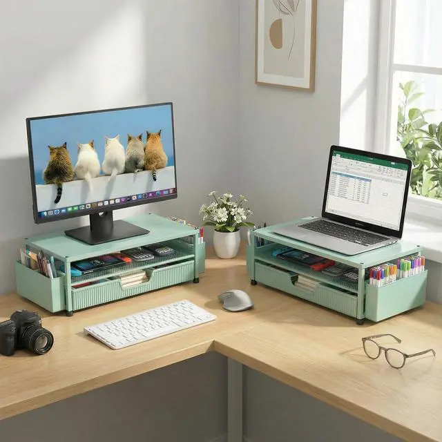 Alt view image 5 of 7 - Desk Organizer and Accessories, 2-Tier Computer Monitor Stand Rise with Storage Drawer & 2 Pen Holders, Laptop & Printer Stand for Desktop, Workspace Organizers for Office Supplies (Green)
