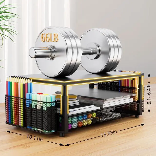 Alt view image 7 of 7 - Desk Organizer and Accessories with Cellphone Holder, Height Adjustable 2-Tier Computer Monitor Stand Riser with Drawer and 2 Pen Holders,Office Desk Accessories for Office Supplies, Black