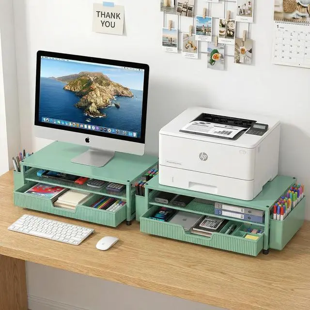 Alt view image 7 of 7 - Desk Organizer and Accessories, 2-Tier Computer Monitor Stand Rise with Storage Drawer & 2 Pen Holders, Laptop & Printer Stand for Desktop, Workspace Organizers for Office Supplies (Green)