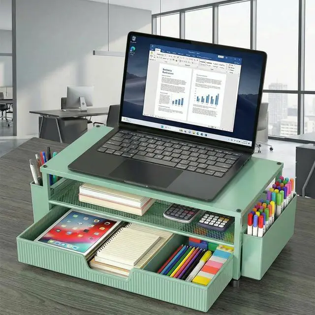 Alt view image 6 of 7 - Desk Organizer and Accessories, 2-Tier Computer Monitor Stand Rise with Storage Drawer & 2 Pen Holders, Laptop & Printer Stand for Desktop, Workspace Organizers for Office Supplies (Green)