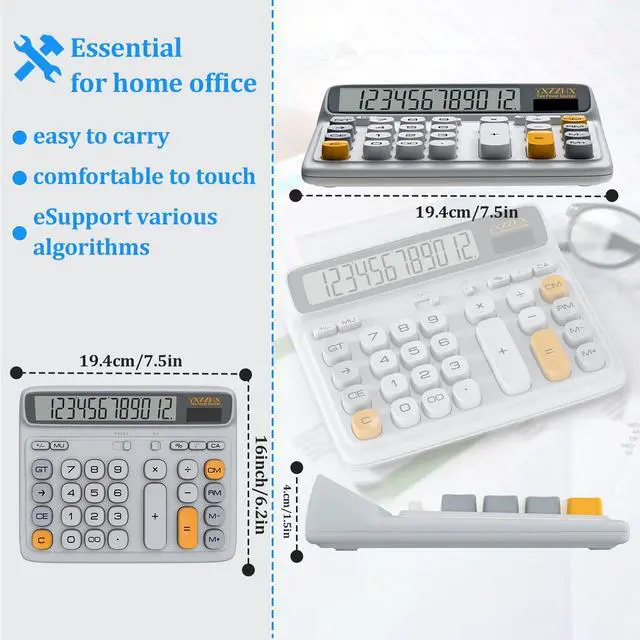 Alt view image 4 of 7 - Desktop Calculator with Extra Large 5-Inch LCD Display, 12-Digit Two Way Power Solar & Battery Office Calculator with Big Buttons for Business, Accounting & Home Use(Grey)