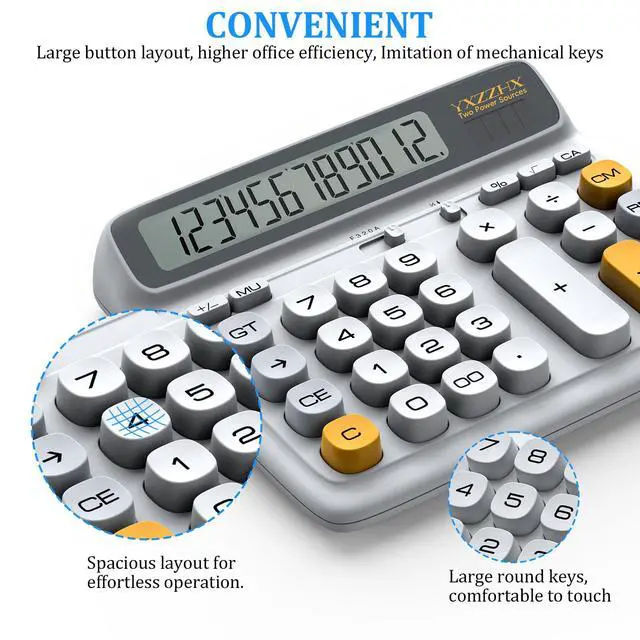 Alt view image 6 of 7 - Desktop Calculator with Extra Large 5-Inch LCD Display, 12-Digit Two Way Power Solar & Battery Office Calculator with Big Buttons for Business, Accounting & Home Use(Grey)