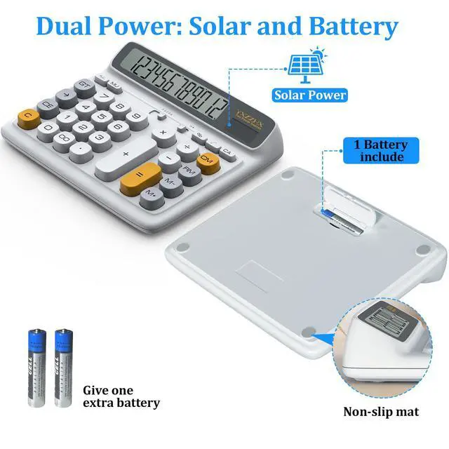 Alt view image 5 of 7 - Desktop Calculator with Extra Large 5-Inch LCD Display, 12-Digit Two Way Power Solar & Battery Office Calculator with Big Buttons for Business, Accounting & Home Use(Grey)