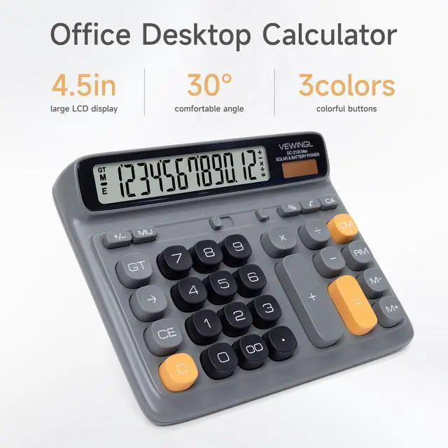 Alt view image 2 of 6 - Desktop Calculator with Extra Large LCD Display, 12-Digit Dual Power Solar & Battery Calculator, Big Button Office Calculator for Accounting, Home, School & Business Use (Charcoal Gray)