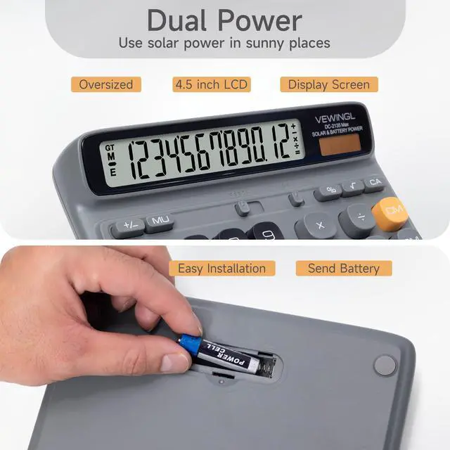 Alt view image 3 of 6 - Desktop Calculator with Extra Large LCD Display, 12-Digit Dual Power Solar & Battery Calculator, Big Button Office Calculator for Accounting, Home, School & Business Use (Charcoal Gray)
