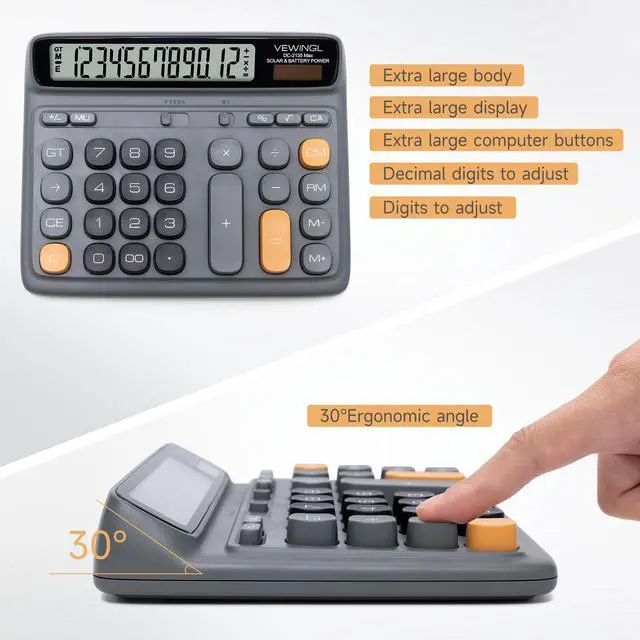 Alt view image 4 of 6 - Desktop Calculator with Extra Large LCD Display, 12-Digit Dual Power Solar & Battery Calculator, Big Button Office Calculator for Accounting, Home, School & Business Use (Charcoal Gray)