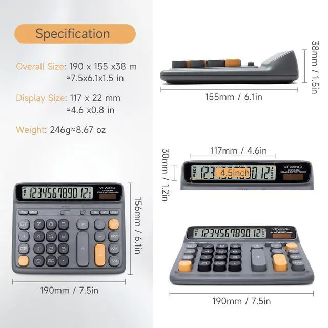 Alt view image 5 of 6 - Desktop Calculator with Extra Large LCD Display, 12-Digit Dual Power Solar & Battery Calculator, Big Button Office Calculator for Accounting, Home, School & Business Use (Charcoal Gray)
