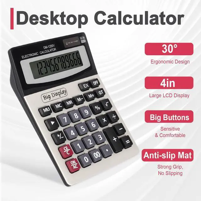 Alt view image 4 of 7 - Desk Calculator, Extra Large 4in LCD Display, 12 Digits, Solar & Battery Dual Power, Calculators Desktop With Big Buttons, Auto Shut-off, Calculator for Office School Home Business Basic Black