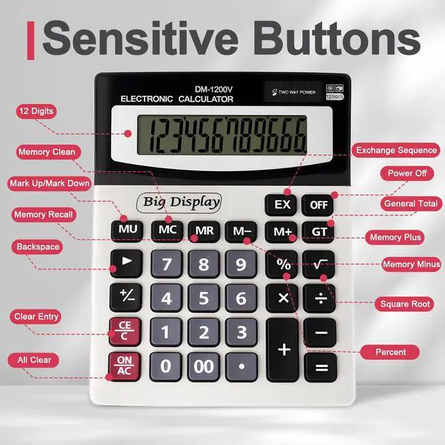Alt view image 5 of 7 - Desk Calculator, Extra Large 4in LCD Display, 12 Digits, Solar & Battery Dual Power, Calculators Desktop With Big Buttons, Auto Shut-off, Calculator for Office School Home Business Basic Black