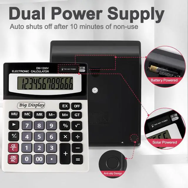 Alt view image 3 of 7 - Desk Calculator, Extra Large 4in LCD Display, 12 Digits, Solar & Battery Dual Power, Calculators Desktop With Big Buttons, Auto Shut-off, Calculator for Office School Home Business Basic Black