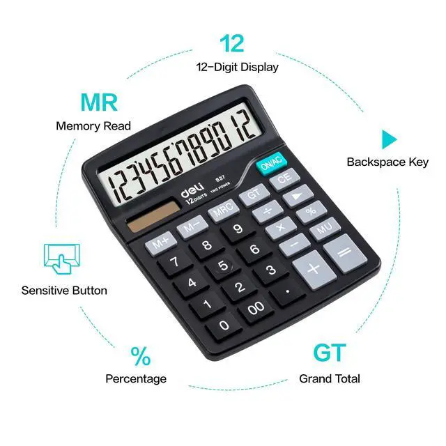 Alt view image 6 of 7 - Calculator, Standard Function Desktop Calculators with 12 Digit Large LCD Display and Sensitive Button, Solar Battery Dual Power Office Calculator, Black