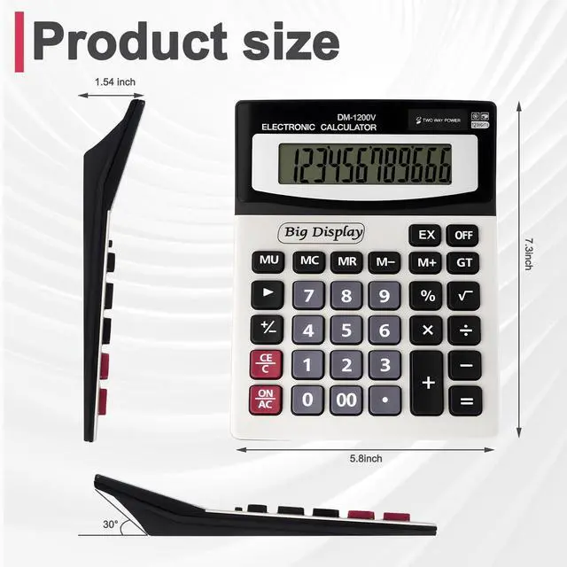 Alt view image 2 of 7 - Desk Calculator, Extra Large 4in LCD Display, 12 Digits, Solar & Battery Dual Power, Calculators Desktop With Big Buttons, Auto Shut-off, Calculator for Office School Home Business Basic Black