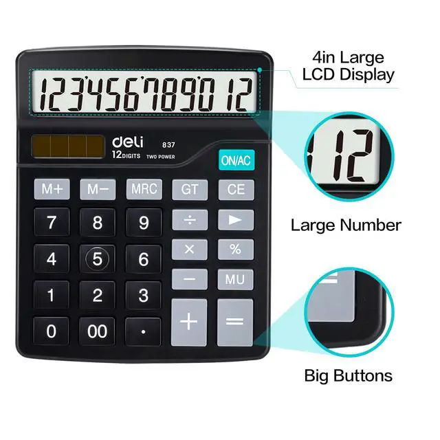 Alt view image 3 of 7 - Calculator, Standard Function Desktop Calculators with 12 Digit Large LCD Display and Sensitive Button, Solar Battery Dual Power Office Calculator, Black
