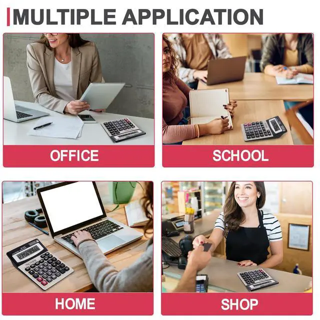 Alt view image 7 of 7 - Desk Calculator, Extra Large 4in LCD Display, 12 Digits, Solar & Battery Dual Power, Calculators Desktop With Big Buttons, Auto Shut-off, Calculator for Office School Home Business Basic Black