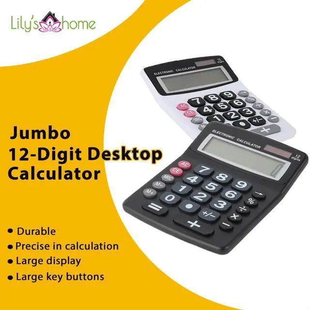 Alt view image 4 of 7 - Jumbo 12 Digit with Solar Power, Large LCD Display - Desktop Calculator, Dual Power, Large Button Design, Battery Operation, Easy-to-Read Tilted, for Home, Office, School, Class & Business