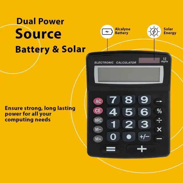 Alt view image 5 of 7 - Jumbo 12 Digit with Solar Power, Large LCD Display - Desktop Calculator, Dual Power, Large Button Design, Battery Operation, Easy-to-Read Tilted, for Home, Office, School, Class & Business