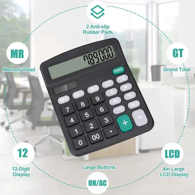 Alt view image 4 of 7 - Desktop Calculator, Black Calculator Big Buttons, 12-Digits Large LCD Display, Solar and AA Battery Dual Power, Desk Calculators for Office Home School Business Class (Black)