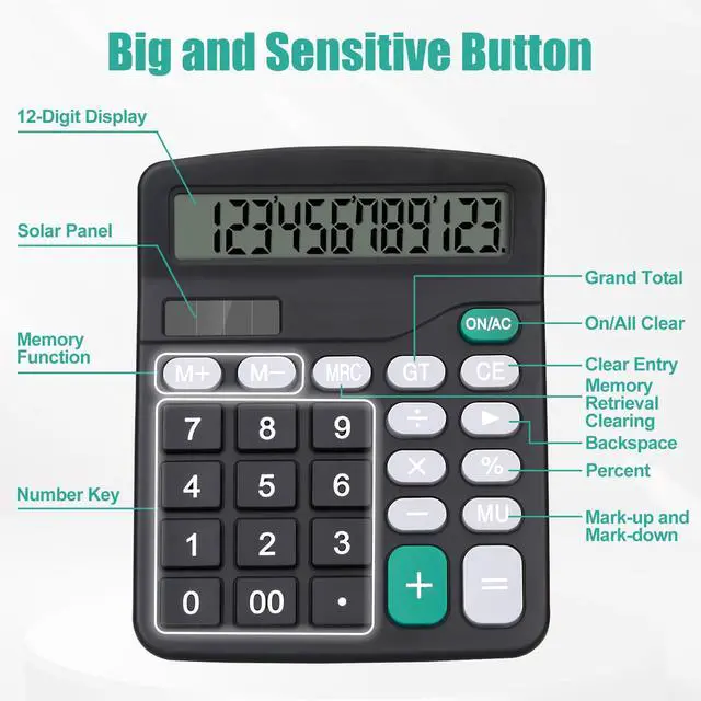 Alt view image 5 of 7 - Desktop Calculator, Black Calculator Big Buttons, 12-Digits Large LCD Display, Solar and AA Battery Dual Power, Desk Calculators for Office Home School Business Class (Black)