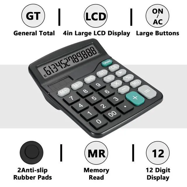Alt view image 4 of 7 - Desktop Calculator with Big Buttons, Dual Power Source, Solar and Battery, Large Display Screen - Perfect for Office, Teachers, and Students (Black)