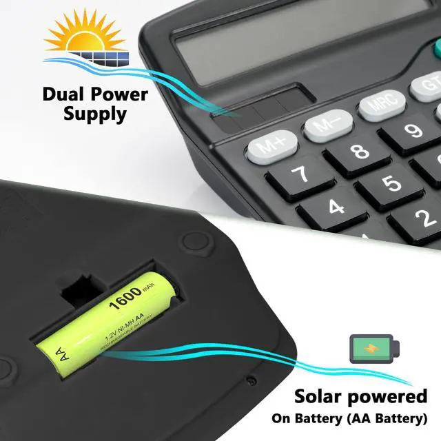 Alt view image 3 of 7 - Desktop Calculator with Big Buttons, Dual Power Source, Solar and Battery, Large Display Screen - Perfect for Office, Teachers, and Students (Black)