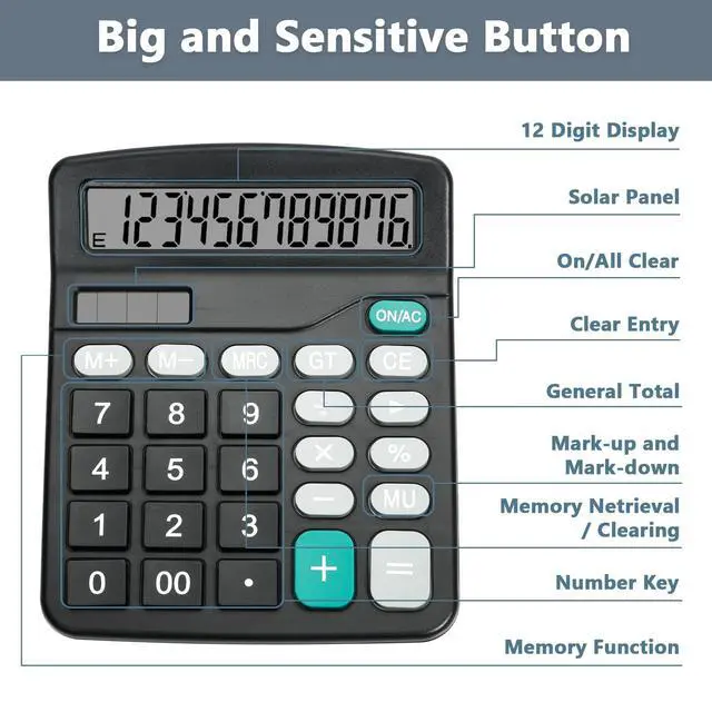 Alt view image 6 of 7 - Desktop Calculator with Big Buttons, Dual Power Source, Solar and Battery, Large Display Screen - Perfect for Office, Teachers, and Students (Black)
