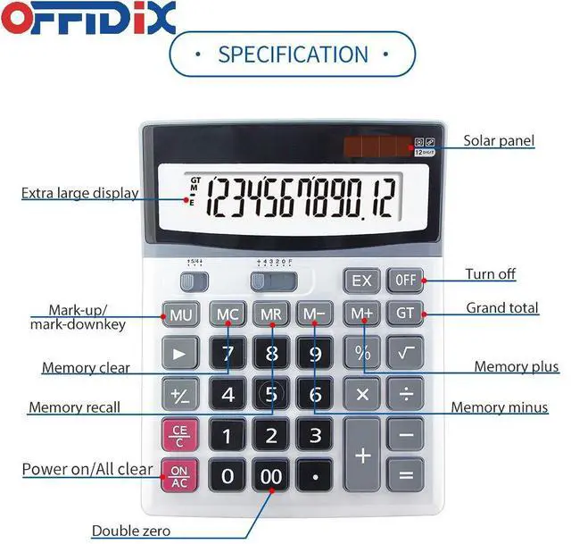 Alt view image 3 of 7 - Large Key Dual Power Electronic Calculator, Portable 12 Digit Large LCD Display Desk Calculator for Daily and Basic Office