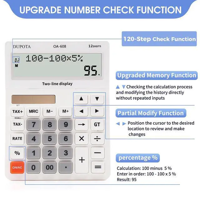 Alt view image 3 of 7 - Desktop Calculator Large Display Big Buttons with 12 Digits 2-line LCD, Dual Solar Power and Battery, Calculator with Tax and Check Function for Office, Home, School and Business Large SizeOA-608
