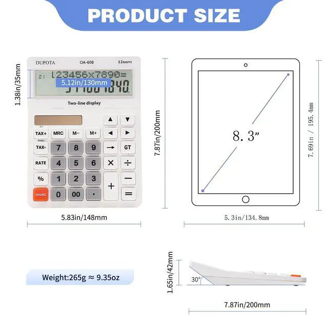 Alt view image 4 of 7 - Desktop Calculator Large Display Big Buttons with 12 Digits 2-line LCD, Dual Solar Power and Battery, Calculator with Tax and Check Function for Office, Home, School and Business Large SizeOA-608
