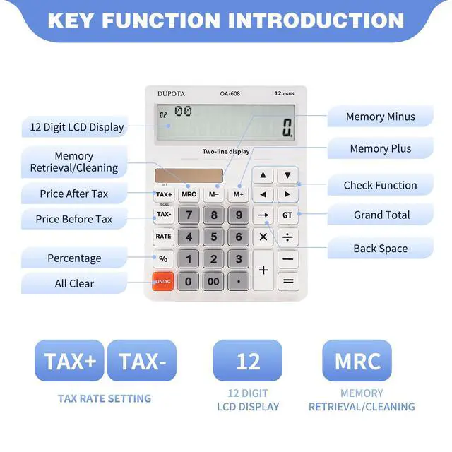 Alt view image 6 of 7 - Desktop Calculator Large Display Big Buttons with 12 Digits 2-line LCD, Dual Solar Power and Battery, Calculator with Tax and Check Function for Office, Home, School and Business Large SizeOA-608