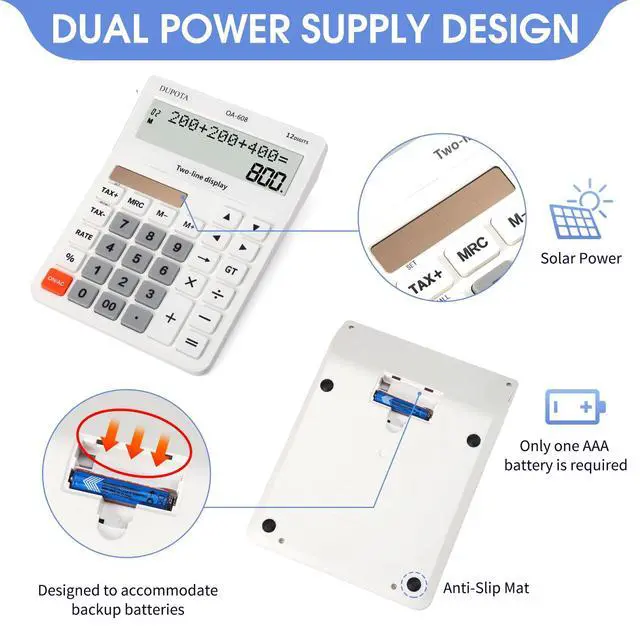 Alt view image 5 of 7 - Desktop Calculator Large Display Big Buttons with 12 Digits 2-line LCD, Dual Solar Power and Battery, Calculator with Tax and Check Function for Office, Home, School and Business Large SizeOA-608