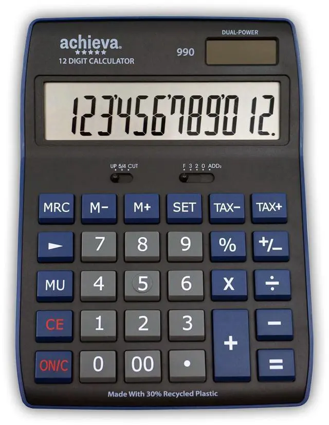 Main image of 12-Digit LCD Display Desktop Calculator | Blue | Mark Up Key, Selectable Decimal & Rounding Switches | Dual Solar/Battery Power | for Home, Office, School (990)