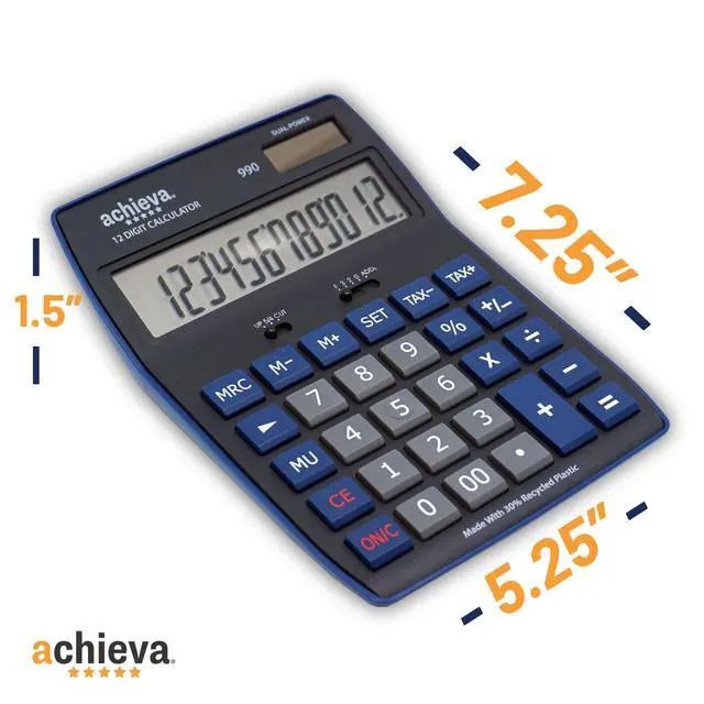 Alt view image 3 of 5 - 12-Digit LCD Display Desktop Calculator | Blue | Mark Up Key, Selectable Decimal & Rounding Switches | Dual Solar/Battery Power | for Home, Office, School (990)