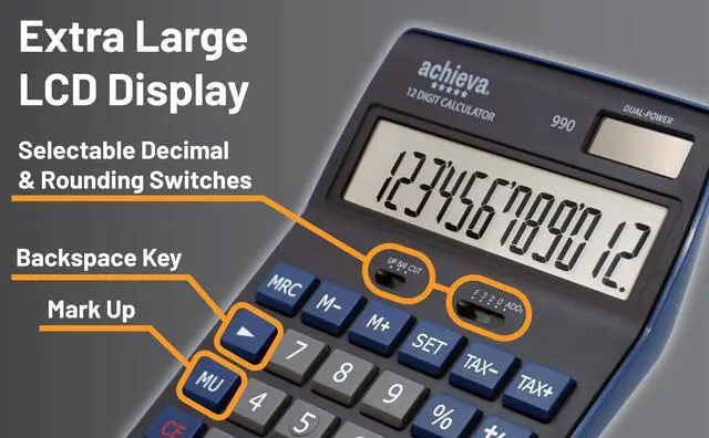 Alt view image 5 of 5 - 12-Digit LCD Display Desktop Calculator | Blue | Mark Up Key, Selectable Decimal & Rounding Switches | Dual Solar/Battery Power | for Home, Office, School (990)