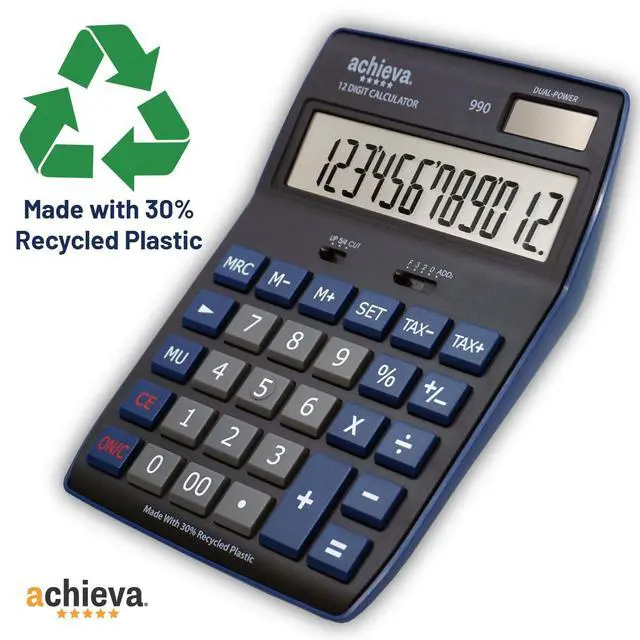 Alt view image 4 of 5 - 12-Digit LCD Display Desktop Calculator | Blue | Mark Up Key, Selectable Decimal & Rounding Switches | Dual Solar/Battery Power | for Home, Office, School (990)