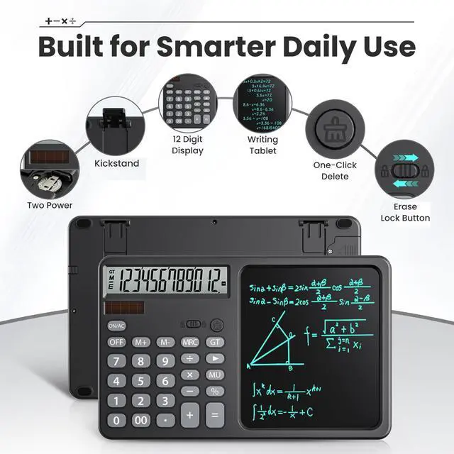 Alt view image 3 of 6 - Desk Calculator with 7" LCD Writing Tablet, Stable Foldable Kickstand with Ergonomic 15° Viewing Angle, 12-Digit Large Display, Solar & Battery Dual Power, 2-in-1 Notepad Calculator - Black